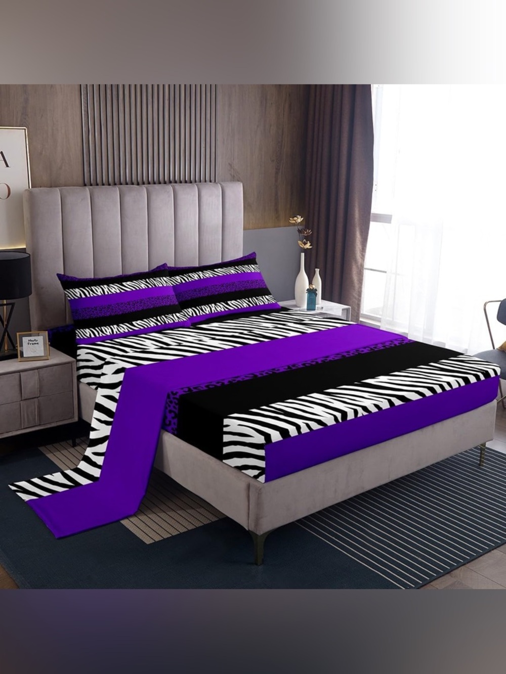Purple Leopard Print Kids Sheet King Size, Zebra Abstract Animals Skin Bedding.